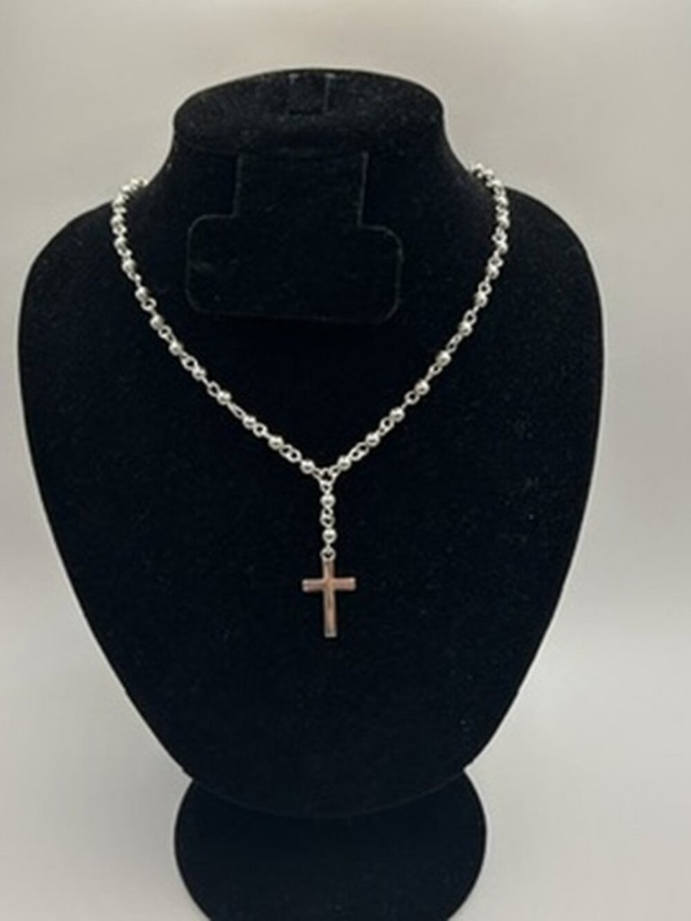 Vintage Real Silver Rosary Cross Pendant Beaded Chain Plated Stainless Steel